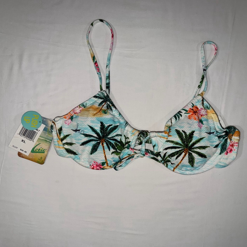 NWT Hobie Tropical Palm Tree Push Up Bikini Top XL Strappy Coastal Surf Hibiscus - Picture 2 of 9